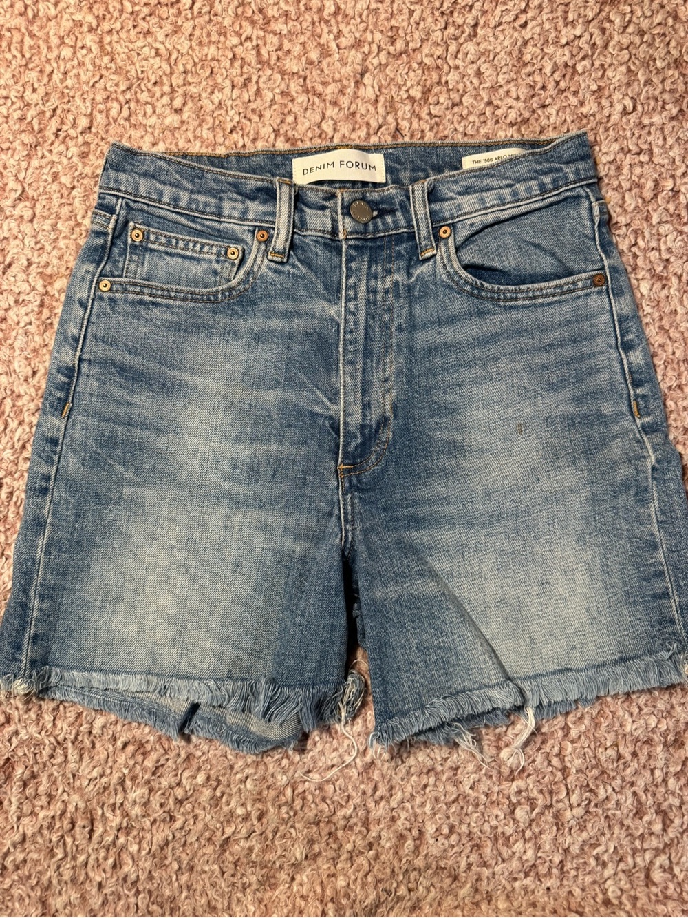 Denim Forum Medium Wash High-Rise Frayed Hem Jean Shorts